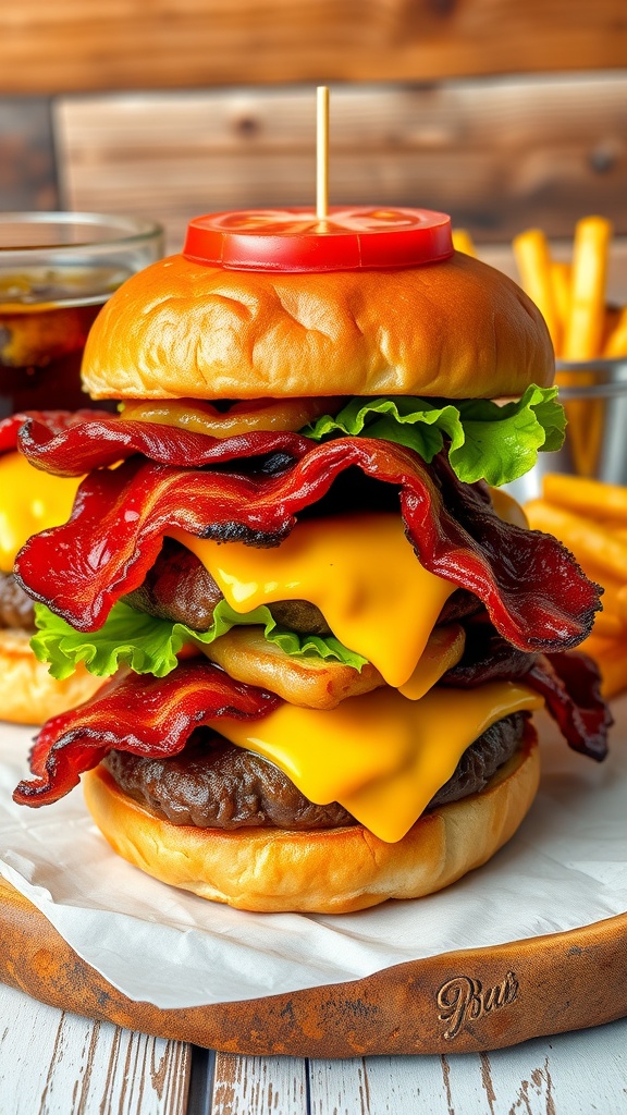 Ultimate Bacon King Burger with beef, bacon, and cheese on a brioche bun, served with fries.